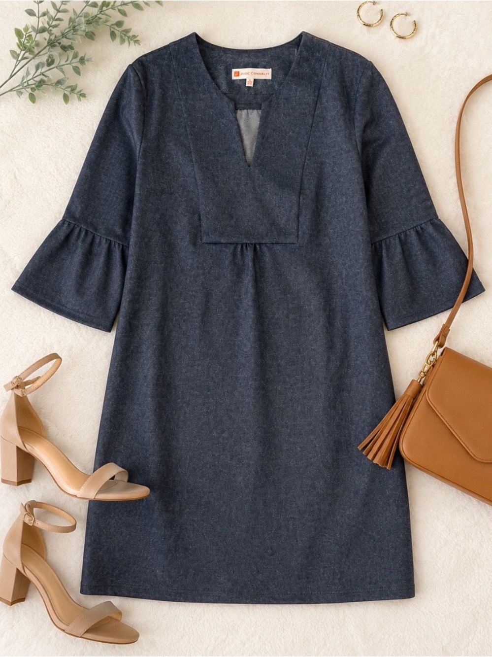 Jude Connally Denim Look Bell Sleeve Shift Dress Size M